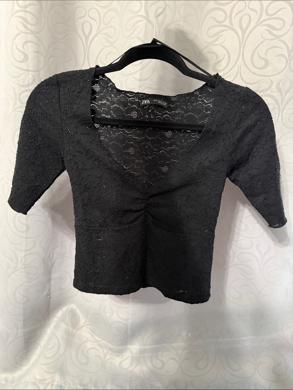 ZARA Cropped 3/4 Sleeve Top Size S Black Lace Sheer Stretch